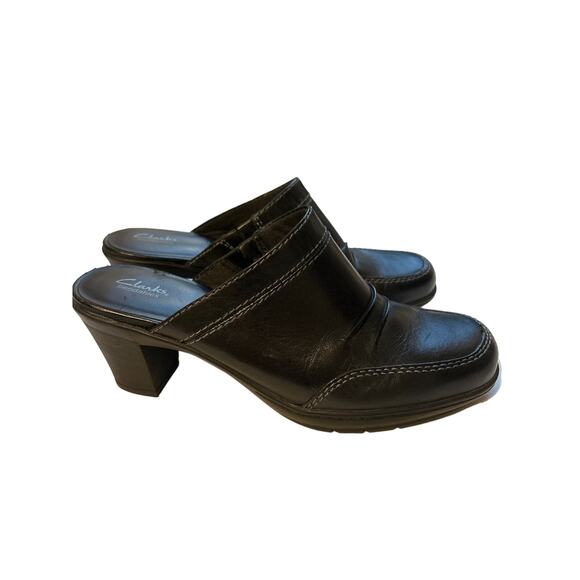 Clarks Bendables Mule Clog Heel Black Size 7 Leather Stitch Detail - Picture 2 of 9